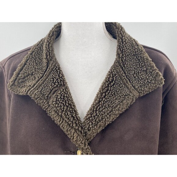 L.L. Bean Women's Faux Suede Coat Button Front Mid-Length Brown Faux Sherling LP - Picture 2 of 10